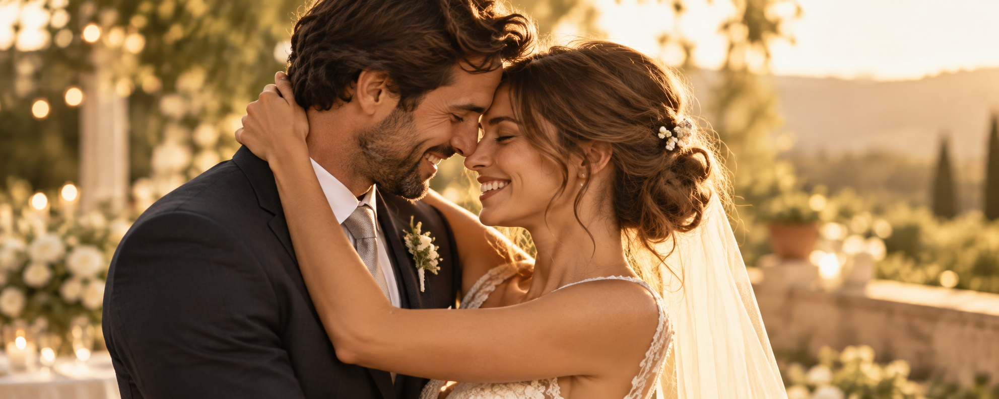 Casal em momento romântico de casamento ao pôr do sol