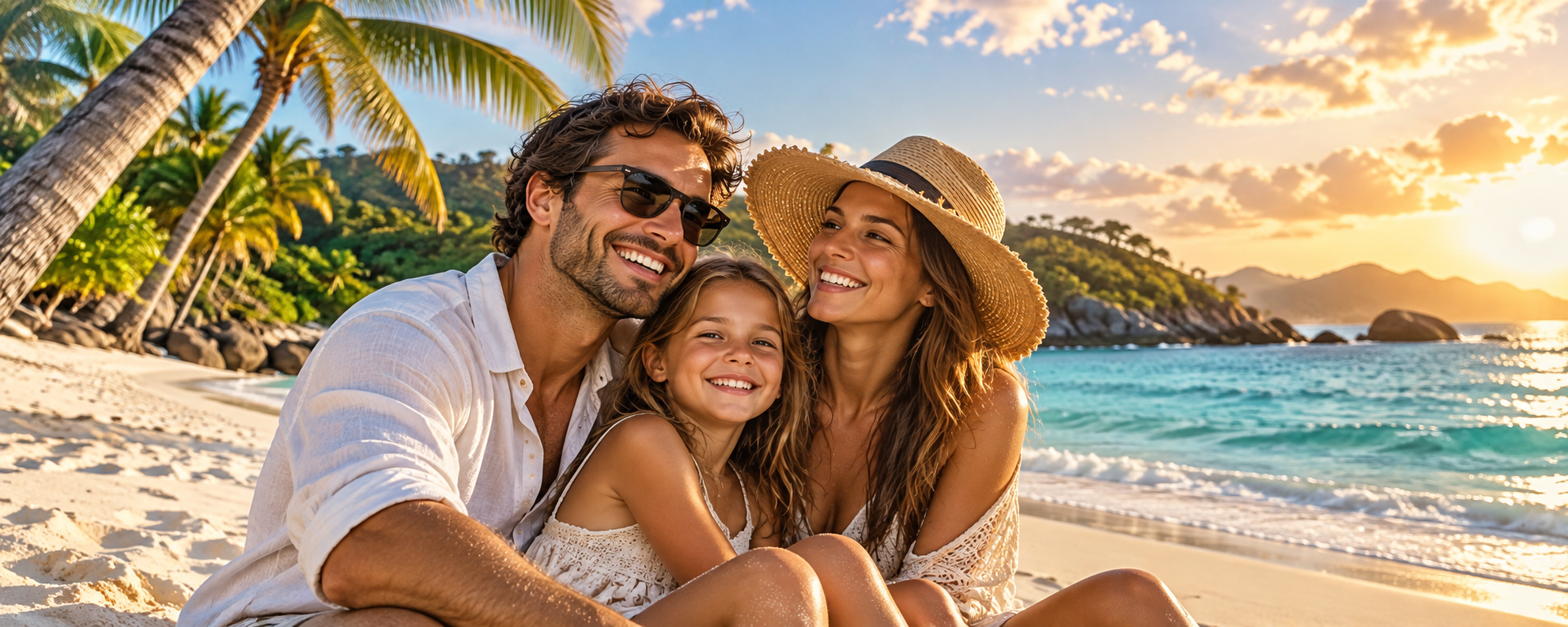 Família a viajar com vista costeira ao pôr do sol