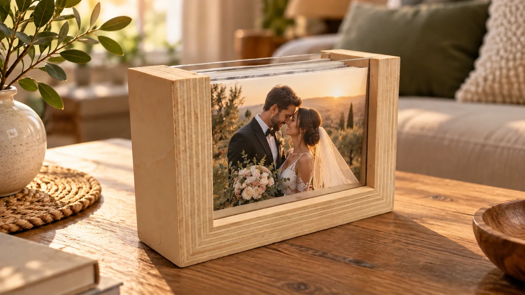 Photo Box em madeira clara com fotografia de um casal, sobre uma mesa numa sala acolhedora