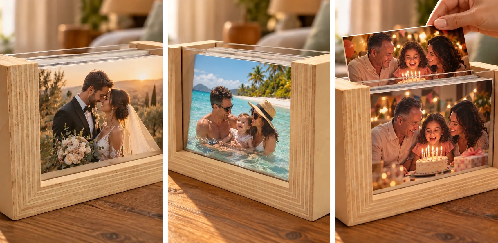 Três imagens mostram a Photo Box de frente, do lado oposto e durante a troca de fotografias
